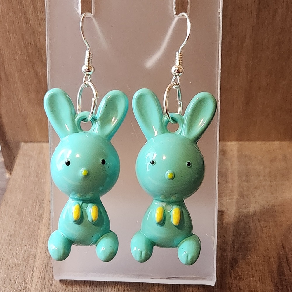 Teal Bunny Rabbit Drop Earrings Glossy Resin Animal Dangle Whimsical Handmade